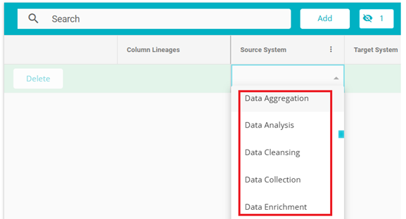 Showing Source system drop down