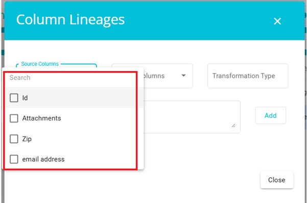 Showing Source column drop down