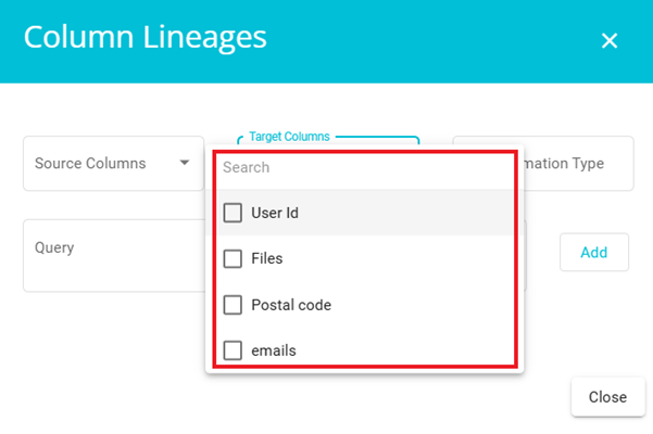 Showing Target column drop down