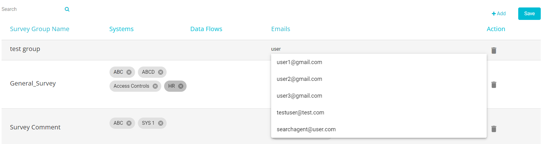 Image showing the Emails dropdown allowing the user to select the required emails associated to that survey group